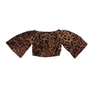 Brown Leopard Print Flounce Sleeve Off The Shoulder Crop Top Size 2T Girl’s